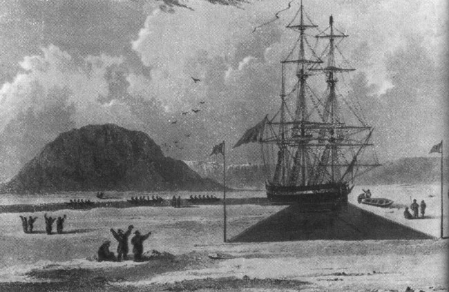 Хeкла у берегов Шпицбергена 21 июня 1827 года. Отсюда начался первый в истории санный поход к полюсу. Гравюра из книги У. Парри.