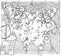 Карта кольцевых структур Евразии (по В. Н. Брюханову и В. А. Бушу, упрощено): 1 - нуклеары, 2 - овалы, 3 - купола, 4 - поднятия, 5 - депрессии; 1 - Свеконорвежский, 2 - Свекофиннокарельский, 3 - Кольско-Лапландский, 4 - Прибалтийский, 5 - Скифский, 6 - Сарматский, 7 - Прикаспийский, 8 - Обский, 9 - Хета-Оленекский, 10 - Оленекский, 11 - Тюнгский, 12 - Вилюйский, 13 - Ангарский, 14 - Витимо-Олекминский, 15 - Алдано-Становой, 16 - Амурский, 17 - Синокорейский, 18 - Северокитайский, 19 - Южнокитайский, 20 - Индокитайский, 21 - Индо-Австралийский, 22 - Сомалийско-Аравалийский, 23 - Дарваро-Мозамбикско-Пилбарский, 24 - Аравийско-Нубийский, 25 - Парижская, 26 - Чешский, 27 - Онежский, 28 - Волынский, 29 - Тихвинский, 30 - Рыбинский, 31 - Горьковский, 32 - Ставропольская, 33 - Астраханская, 34 - Серентская, 35 - Ляпинская, 36 - Нижневартовская, 37 - Кокчетавский, 38 - Памирская, 39 - Сейстанская, 40 - Южноприбалхашская, 41 - Североджунгарская, 42 - Бандельканский, 43 - Мадрасский, 44 - Лхасская, 45 - Алданский, 46 - Шенсийская, 47 - Вьентьянская, 48 - Хамаданская