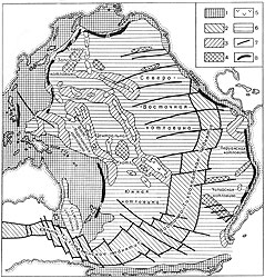 Рельеф дна Тихого океана (по О. К. Леонтьеву): 1 - подводные окраины материков и переходные зоны, 2 - срединноокеанические хребты, 3 - сводовые и сводово-глыбовые океанические поднятия, 4 - глыбовые хребты и плато, 5 - вулканические хребты (1 - Северо-Западный, 2 - Гавайский), 6 - океанические котловины, 7 - разломы, 8 - глубоководные желоба (А - Алеутский, Б - Курило-Камчатский, В - Марианский, Г - Кермадек, Д - Чилийский)