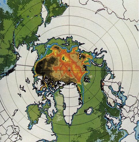 Воспроизведенное здесь компьютерное изображение микроволнового излучения, измеренного спутником 'Нимбус-5', показывает разницу размеров ледяного покрова в Арктике зимой (слева) и летом (вверху). Микроволновую радиацию излучают и суша, и морской лед, и океан, но в разной степени. Наиболее интенсивно излучает суша, морской лед - несколько слабее, океан стоит на последнем месте, так как его поверхность отражает микроволны обратно в воду. Микроволновое излучение измеряется в соответствии со шкалой радиационных температур. Цвет, соответствующий 150 К, отображает молодой лед, который составляет 15 процентов ледяного покрова. При 235 К ледяной покров уже сплошной. Обратите внимание на то, что наибольший цветовой контраст - у кромки льда, где морской лед соприкасается с открытой водой
