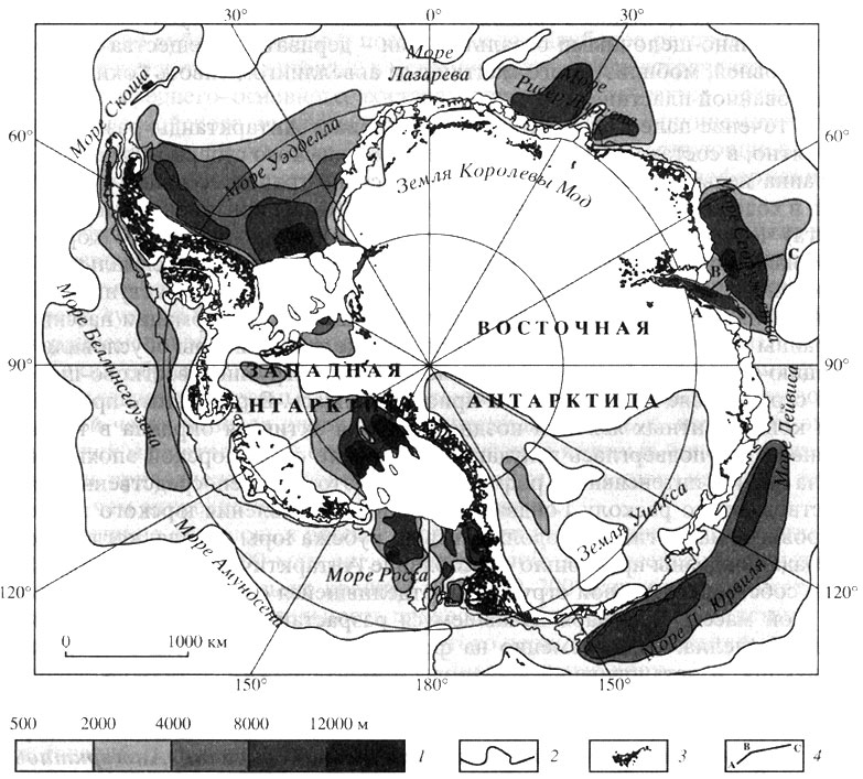 Рис. 2. Потенциальные нефтегазоносные бассейны Антарктики: 1 - шкала мощности осадочного чехла; 2 - изобата 1000 м; 3 - горные районы с надледными выходами коренных пород; 4 - геолого-геофизический разрез по линии А-В-С