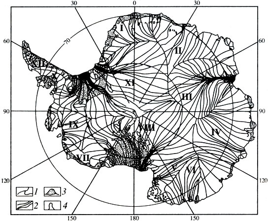 Рис. 2. Ледосборные бассейны Антарктического ледникового покрова: 1 - ледоразделы; 2 - линии течения льда; 3 - шельфовые ледники; 4 - выводные ледники; 1-ХII - номера бассейнов