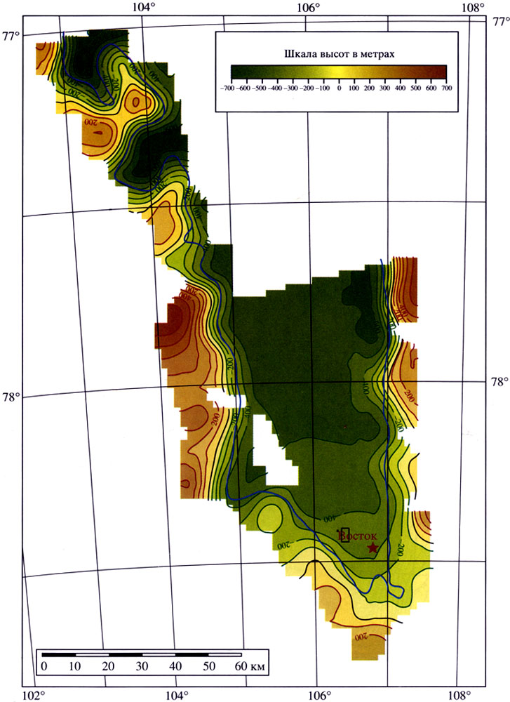 Рис. 4. Положение нижней кромки ледника в районе оз. Восток по данным РЛП и MOB