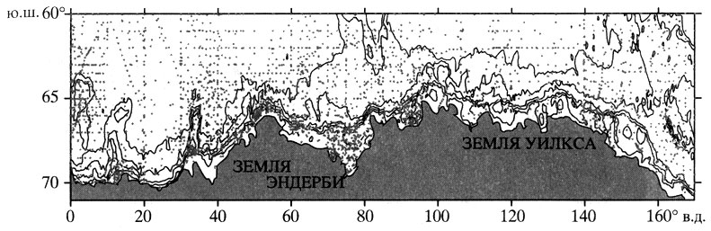 Рис. 3. Океанографическая изученность окраинных морей Восточной Антарктиды