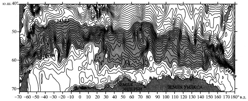 Рис. 4. Динамическая топография поверхности 50 дцБ относительно 300 дцБ от пролива Дрейка до 180° по климатическим данным. Область АЦТ выделена темным тоном