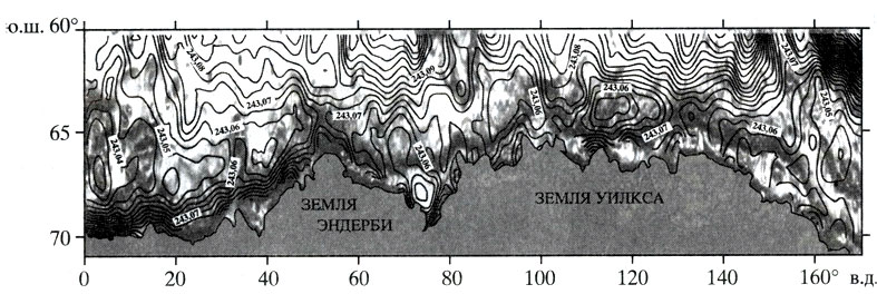 Рис. 5. Динамическая топография поверхности 50 дцБ относительно 300 дцБ по климатическим данным