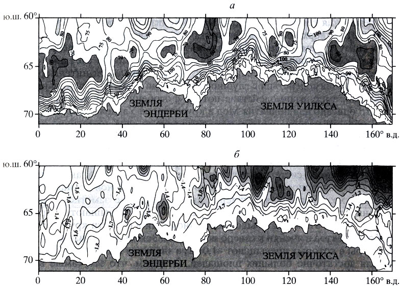 Рис. 7. Глубина (а) и температура (б) слоя температурного минимума поверхностной воды для летнего периода по климатическим данным