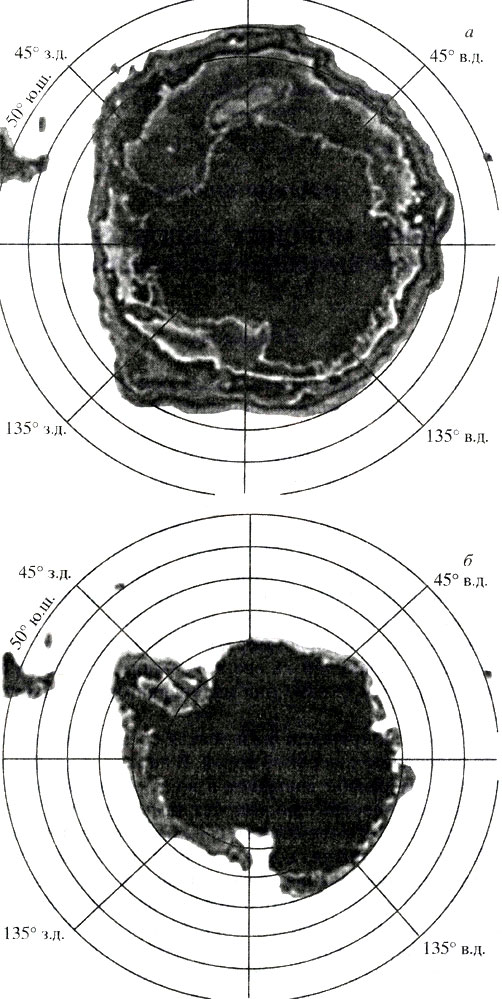 Рис. 1. Максимальная в сентябре (а) и минимальная в феврале (б) средняя месячная площадь морского ледникового покрова Антарктики по данным спутниковых наблюдений за период 1973-1976 гг. [Zwally et al., 1983]